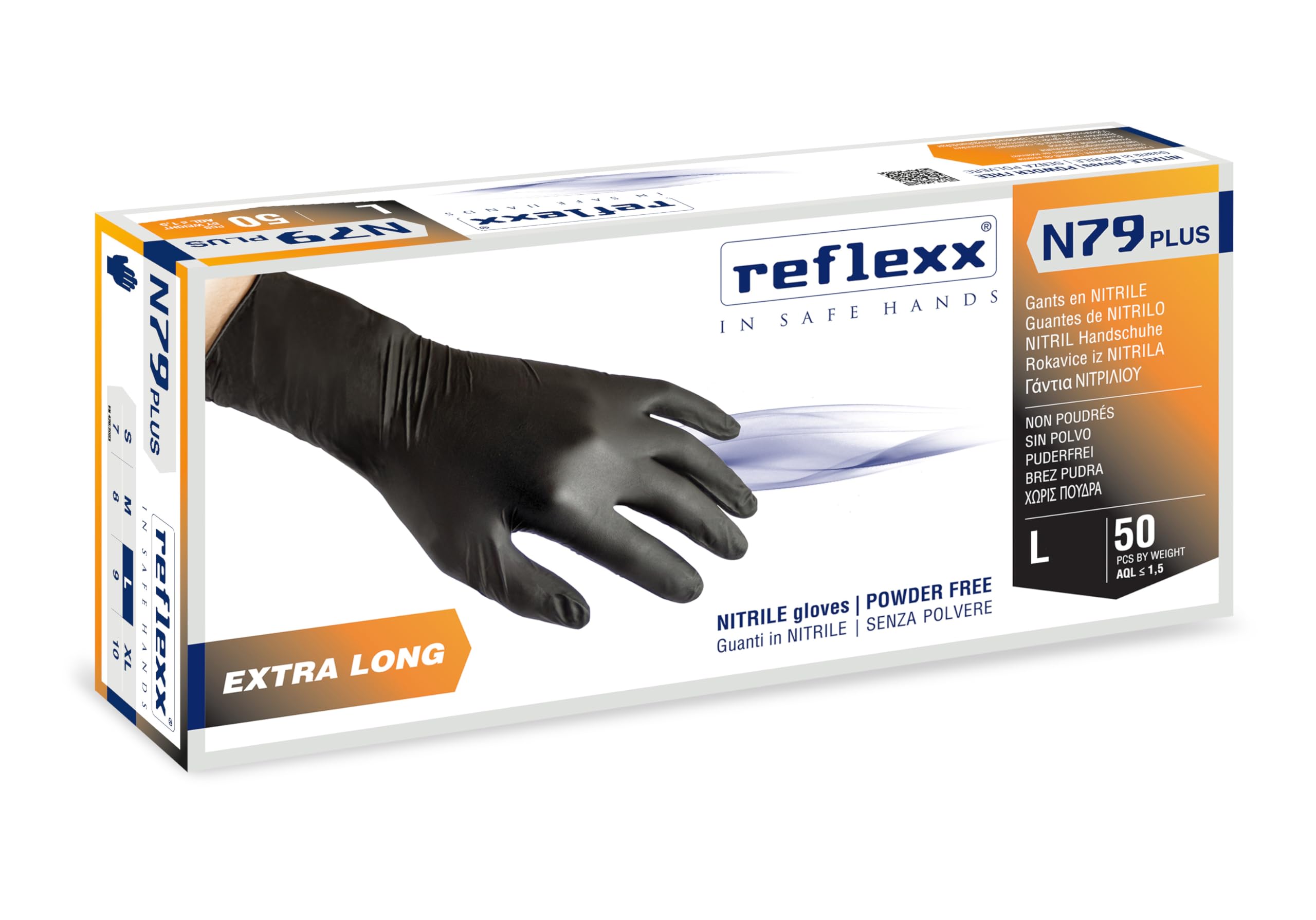 Reflexx N79P/L Extra long, 30 cm, powder free nitrile gloves gr7.7, Size Large, Black (Pack of 50)