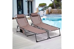 Unovivy Set of 2 Outdoor Lounge Chairs Fold TanningChair 4-Level Adjustable, Portable Pool LoungeChair with Headrest&SidePocket, Coffee