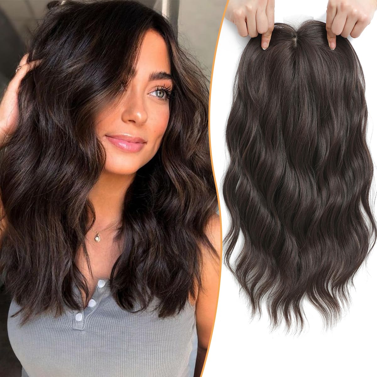 Photo 1 of PANEWAY Hair Topper 16 Inch, Wavy Curly Soft Brown Clip-in Wiglet for Women, Synthetic Top Piece to Add Volume & Thickness