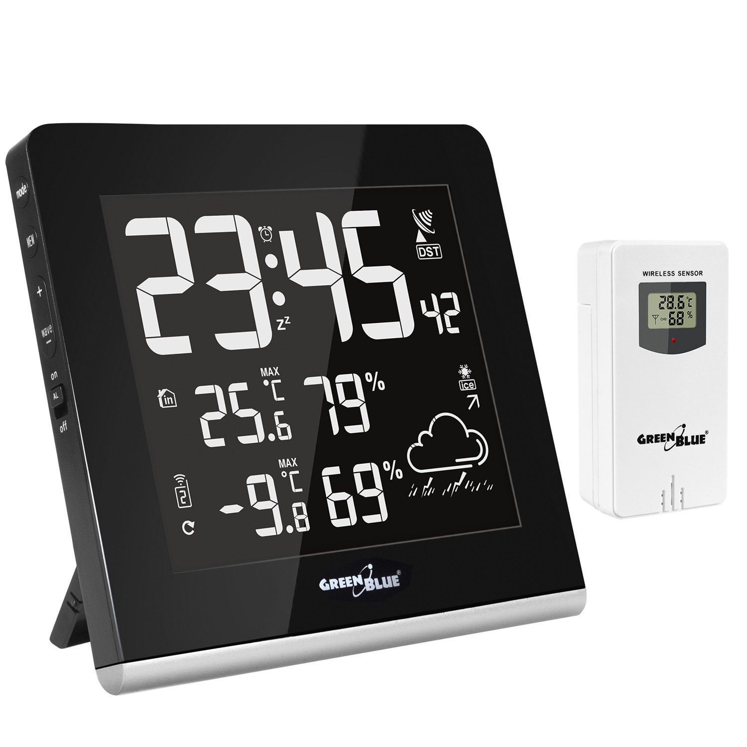 Green Blue GB151 Wireless Weather Station with Outdoor Sensor DCF Weather Forecast Multicolour 9 Color LCD Display USB Charging Function