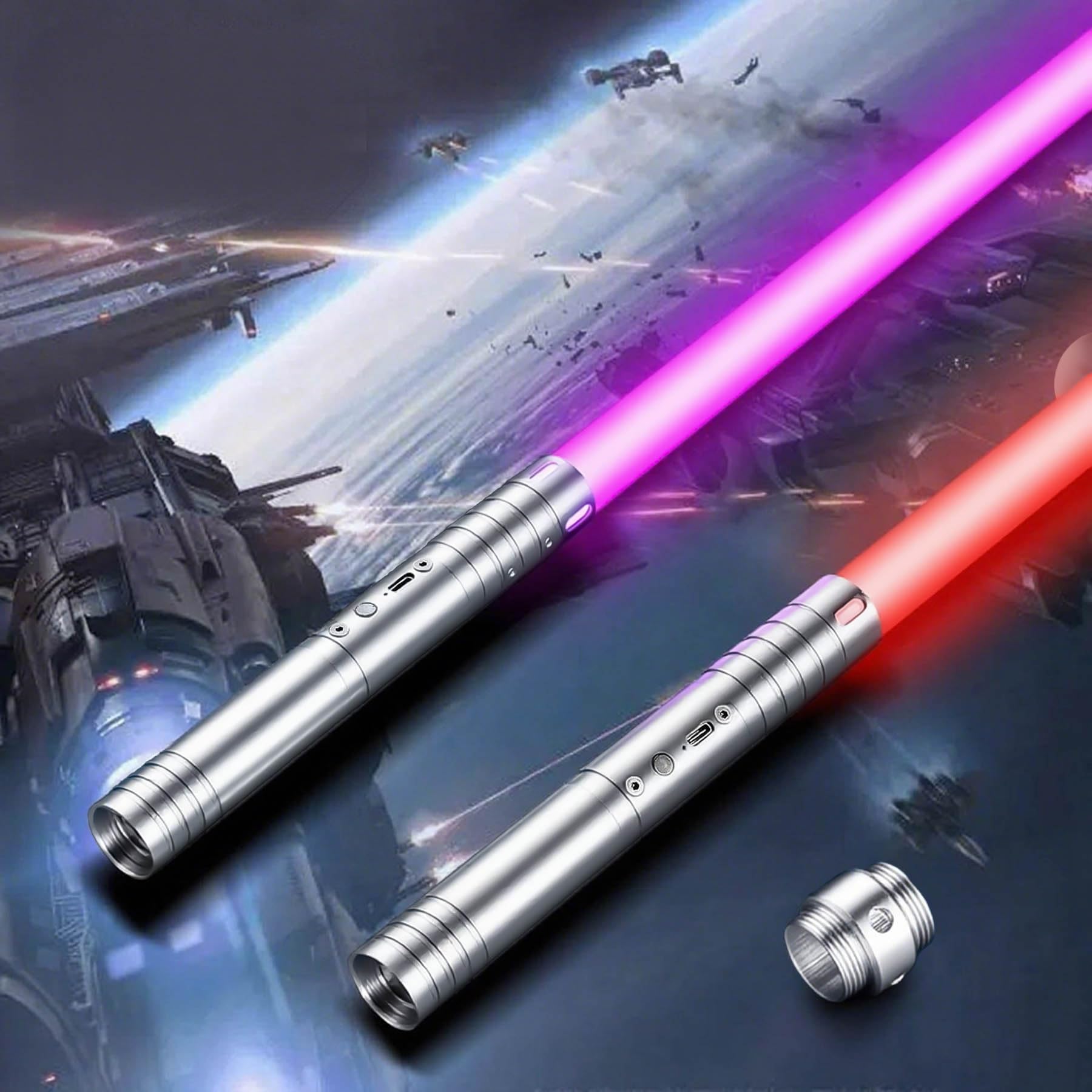 Lightsaber，USB Rechargeable Lightsabers with Metal Handle, RGB 15 Colors and 4 Modes Light Sabers for Kids and Adults, Christmas Halloween Present for Kids (74cm x 2 PC Silver)