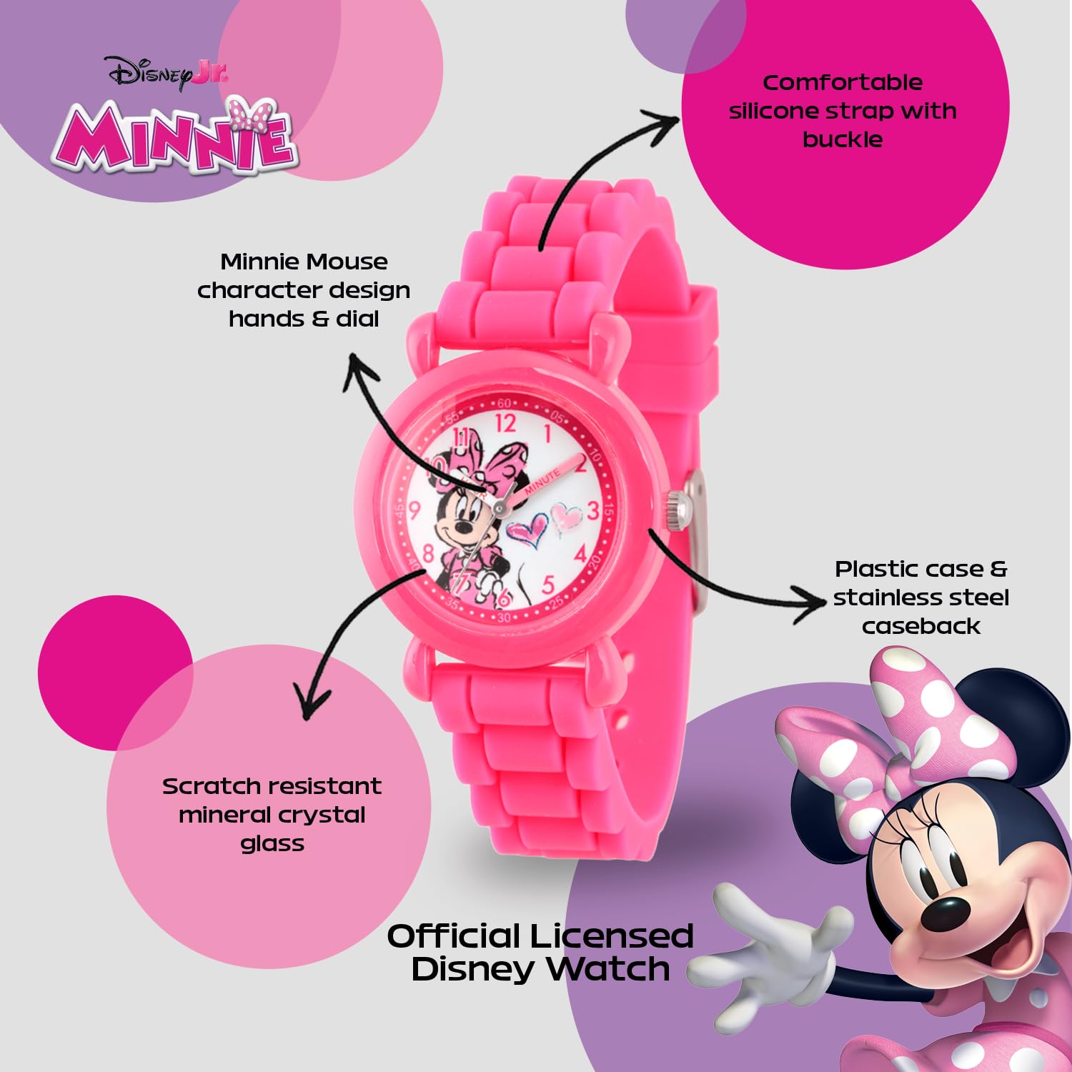 Disney Minnie Mouse Watch for Kids – Cute Minnie Watch for Girls & Toddlers Ages 3-5 – Gift for Young Fans – Full Color Watches with Pink Bezel & Soft Silicone Plastic Strap