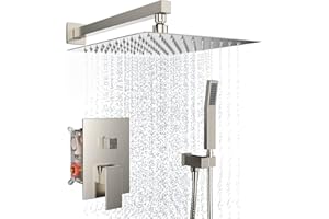 DLVSOBY Rain Shower System 12 Inches Shower Head with Handheld Combo Set for Bathroom,High Pressure Rainfall Shower Faucet Set Wall Mounted,Rough-in Valve and Trim Kit(Brushed Nickel)