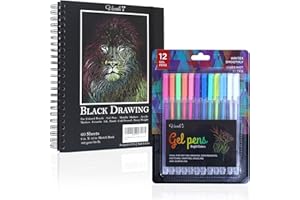 Vanli's Hardcover Black Paper Sketchbook & 12 Pack Ball Point Gel Pens Set - 2 White & 10 Colorful Pens for Drawing, Sketching, & Journaling. 9" x 12" Spiral Bound, Acid Free Black Art Paper