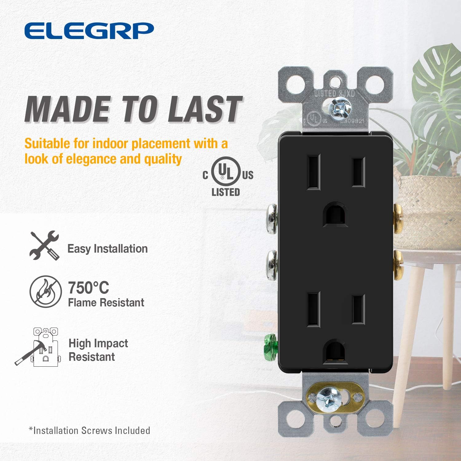 ELEGRP Decorator Receptacle, 15A 125V Standard Electrical Wall Outlet, 2 Pole 3 Wire, NEMA 5-15R, Self-Grounding Residential Grade Straight Blade Decorative Duplex Outlet, UL (Glossy Black, 10 Pack) - - 