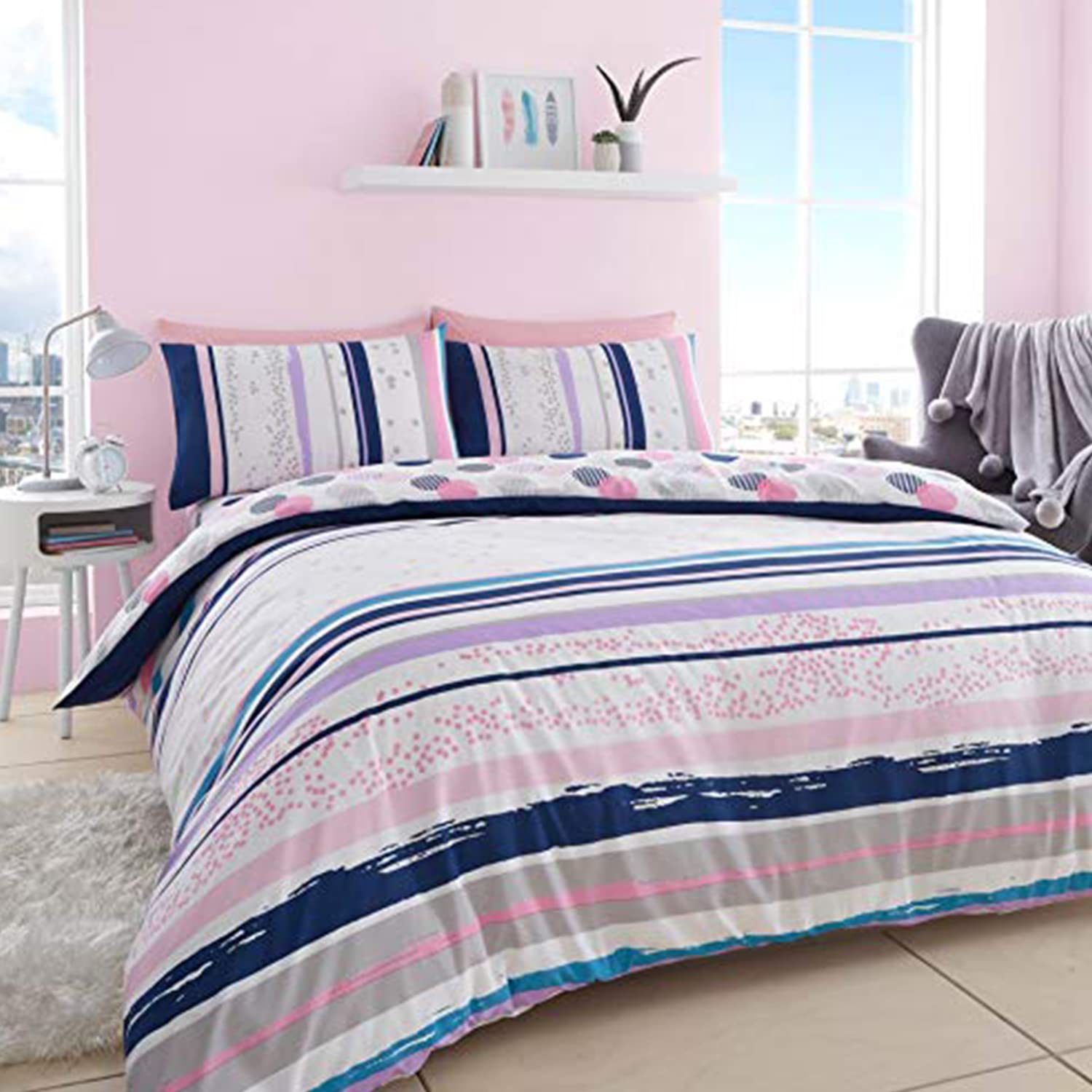 GC GAVENO CAVAILIA Easy Care Printed Duvet, Reversible Bedding Sets, Polycotton Quilt Covers, Polyester-Cotton, Earle-Pink, King