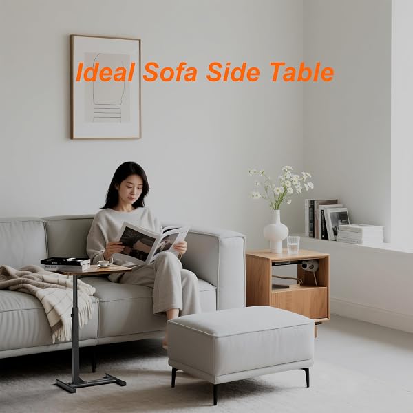 TV TRAY TABLE FOR SMALL SPACES WITH 360° SWIVEL TABLETOP & HEIGHT ADJUSTABLE,C SHAPED SOFA ARM END SIDE TABLE, BED TRAY STAND FOR EATING LAPTOP,LIVING ROOM, BEDROOM,BREAKFAST (METAL BASE)