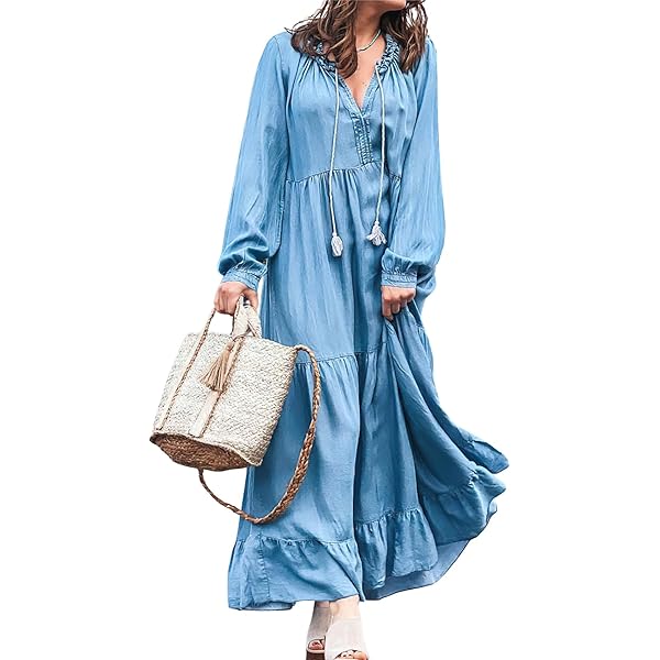 myzgx Women's Long Sleeve Tiered Jean Tunic Dress Summer