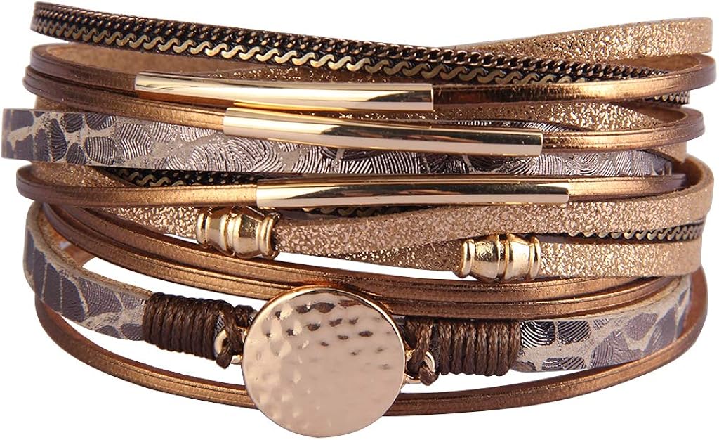 AZORA Leather Wrap Bracelets for Women Goldplated Metal Crescent Cuff Bracelet with Magnetic Buckle Casual Bohemian Wrist Bangle Jewelry Gift for Ladies Teen Girls Sister Mum: Jewelry