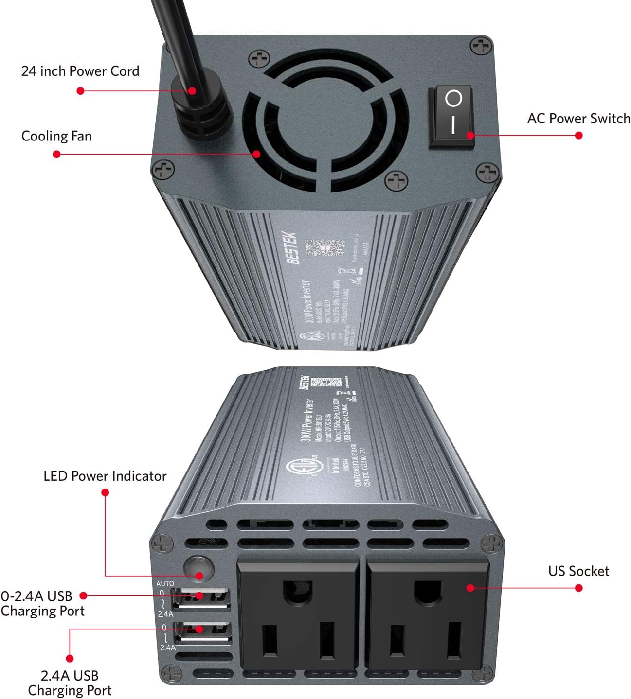 BESTEK 300W Power Inverter DC 12V to 110V AC Car Inverter with 4.2A Dual USB Car Adapter (Gray): Electronics