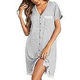 Ekouaer Women Striped Nightgowns Button Down Sleepshirts Short Sleeves Nightshirts