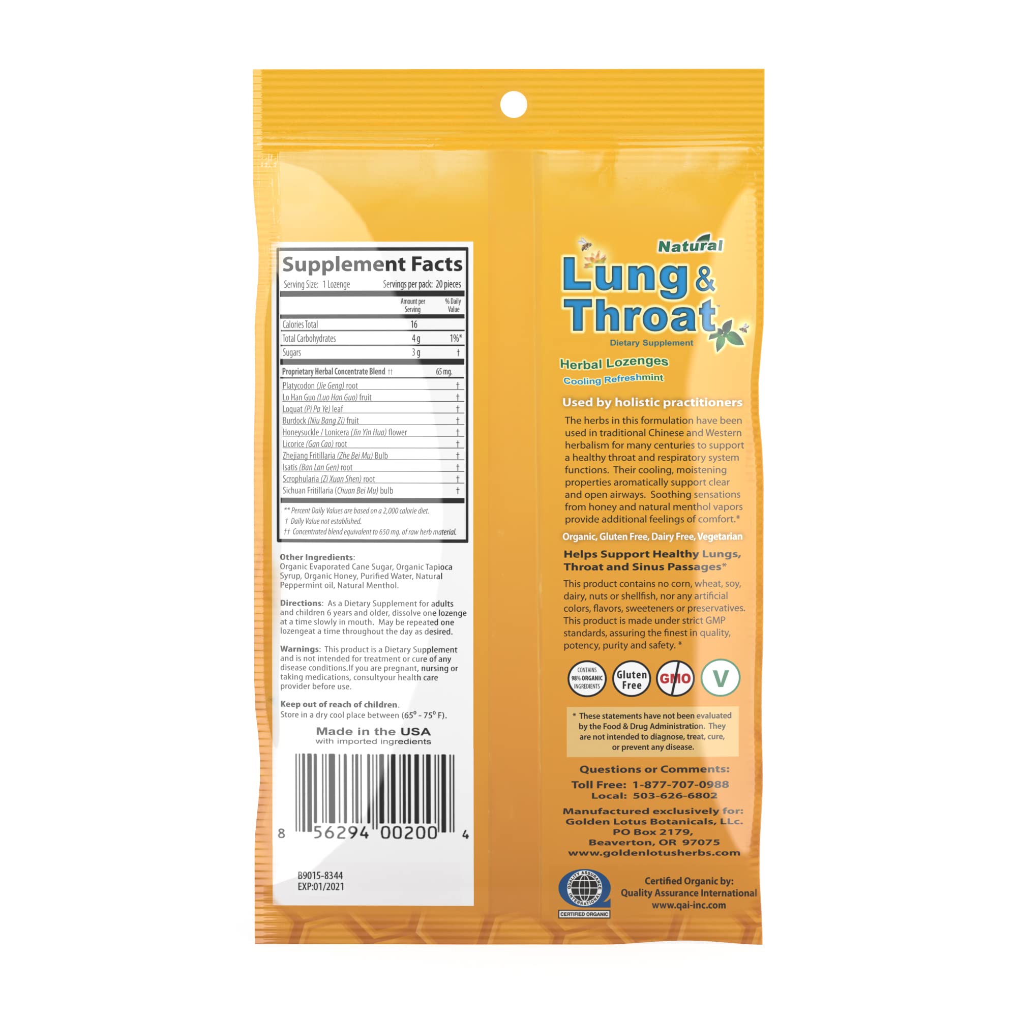 Golden Lotus Herbs Lung & Throat Lozenges – QAI Certified Organic | Soothing Herbal Honey Mint Cough Drops – 1 Pack
