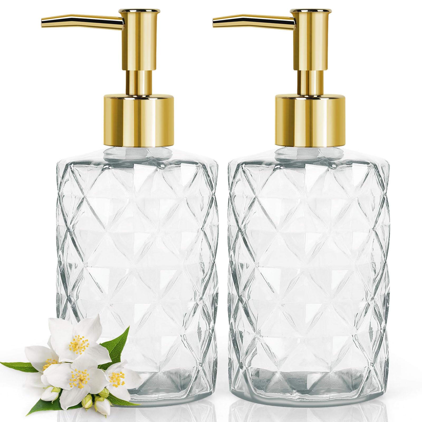 Yiter 330ml/12oz Glass Soap Dispenser, Versatile Hand Dispenser for Bathroom, Kitchen, Bedroom - Reusable for Lotion, Detergent, Essential Oil (2pcs/Clear Gold)