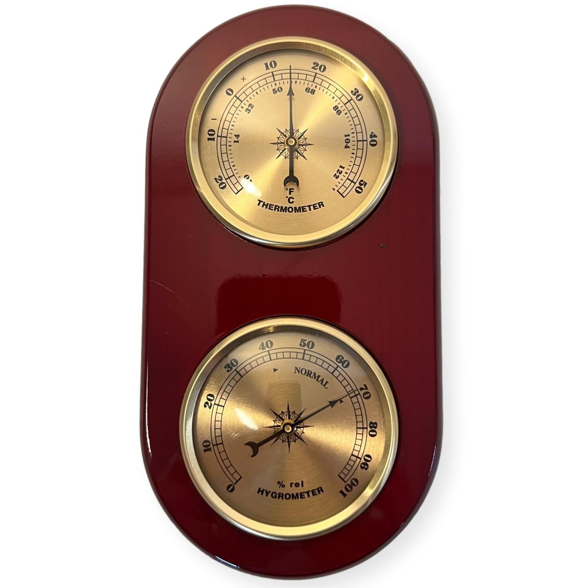 Wooden Barometer & Thermometer | Weather station wall room indoor thermometer | 19cm x 10cm | Two dials – one for temperature and one for humidity
