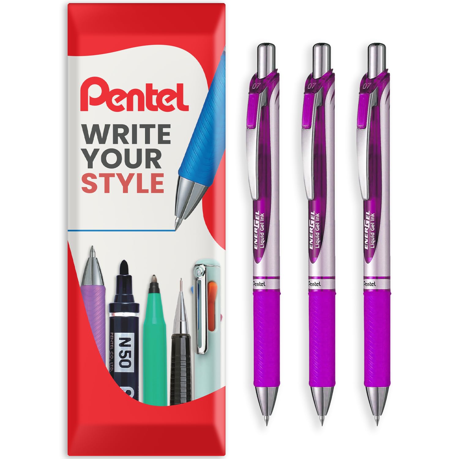 Pentel EnerGel XM BL77 - Retractable Liquid Gel Ink Pen - 0.7mm - 54% Recycled - Magenta - Pack of 3 in Envelope Gift Packaging