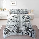 Homewish Farmhouse Windmill Comforter Set King Size,Rustic Farm Wooden Barn Door Tractor Bedding Set All Season Quilt Set,Chicken Milk Cow Animals Hand Sketch Microfiber Polyester Down Comforter