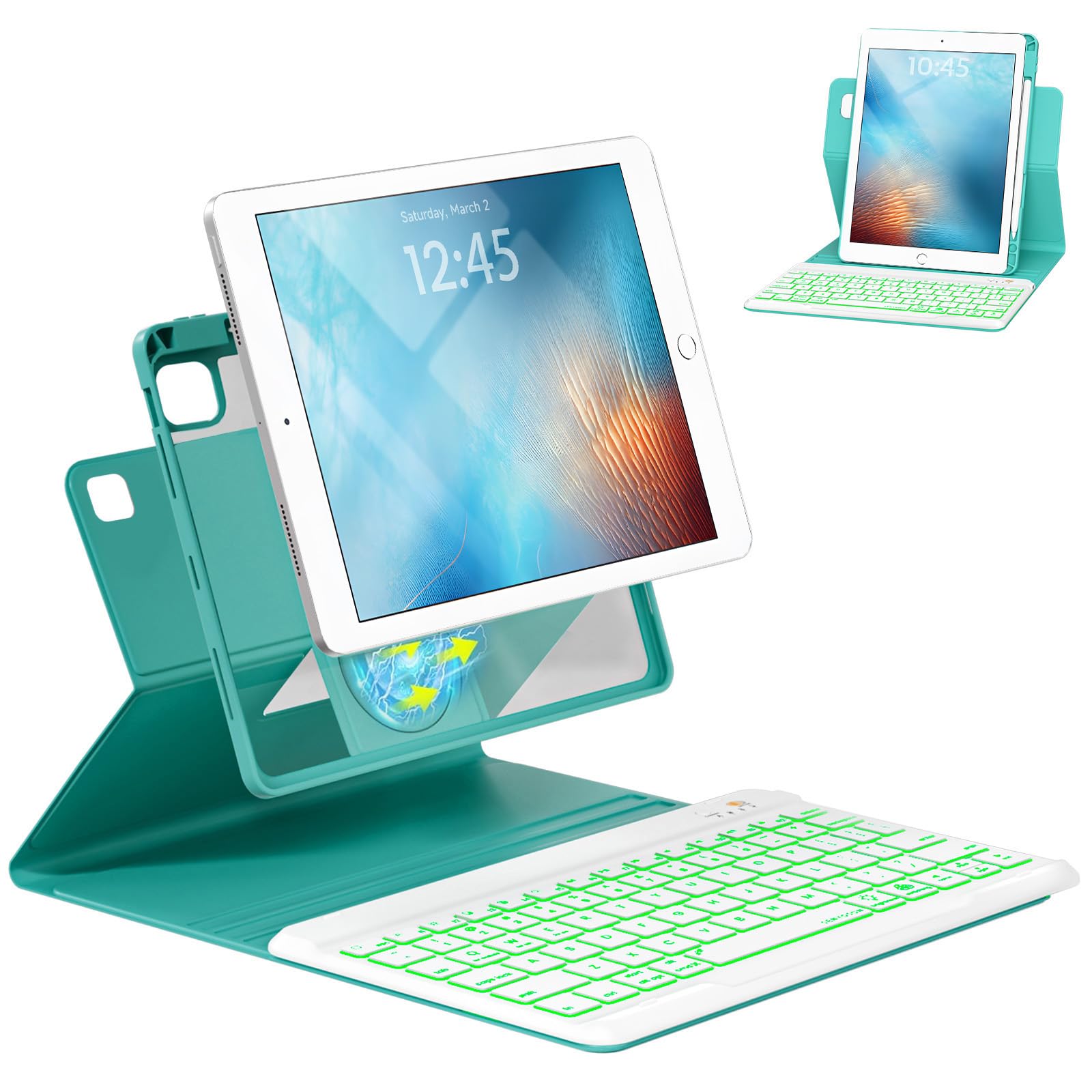 Photo 1 of OPAKIT Keyboard Case for iPad 9.7 6th 2018/5th gen 2017/ Air 2-7 Color Backlit Detachable Wireless Keyboard - 360° Rotatable Magnetic Detachable Slim Folio Cover with Pencil Holder (Teal)