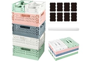 Aiuuee 6 Pack Pastel Crates for Storage, 4 Pcs Foldable Plastic Baskets 7.8x5.9x3.5in & 2 Pcs Mini Crates 5.9x3.9x3.2in, Stackable Small Storage Box for Bedroom Office Classroom Bathroom