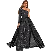 VINCENTYUQ One Shoulder Sequin Formal Jumpsuit for Women 2 Pieces 2026 Evening Party Pantsuits with Detachable Skirt
