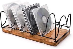 Frcctre Vintage CD Storage Holder, Metal Wire Wooden Base 5 Slots CD/DVD Storage Rack, Rustic Display Shelf for CDs, DVDs and Video Games, Holds Up to 25 Jewel Cases