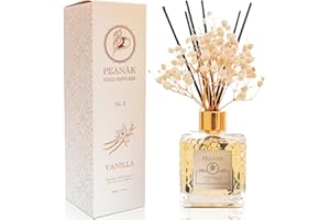 PEANAK Reed Diffuser Set - Vanilla Coconut Oil, Oil Diffuser Sticks, Bathroom Diffuser, Bathroom Shelf Decor, 200ml with Preserved Flowers - PEANÄK