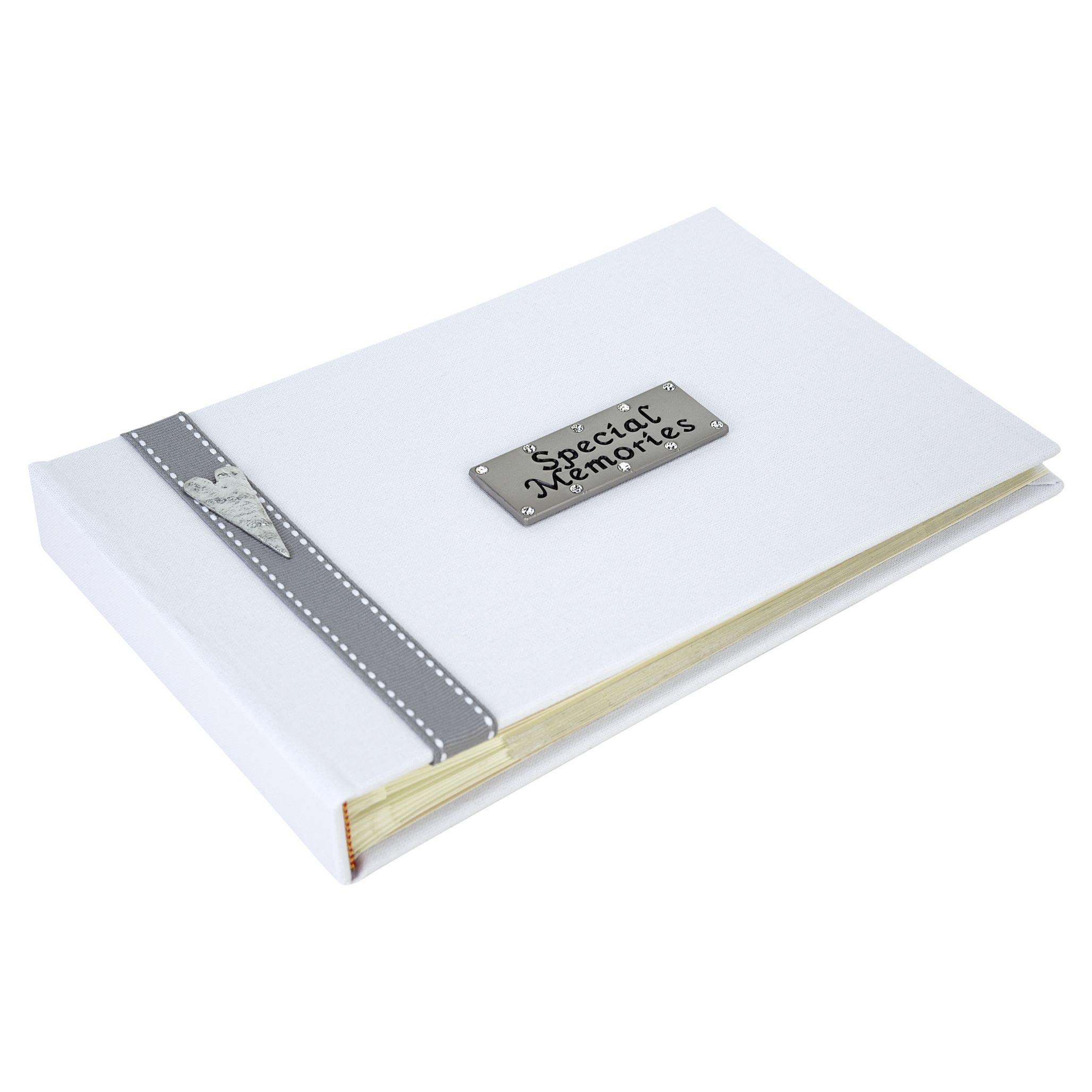 Special Memories photo album with a smart grey stitched ribbon and elongated pewter heart design. Holds forty 6x4 inch photos