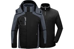 Kugnala Mens Winter Skiing Jacket 3 in 1 Waterproof Warm Snow Fleece Lining Coat Hooded Windproof Jacket S-6XL