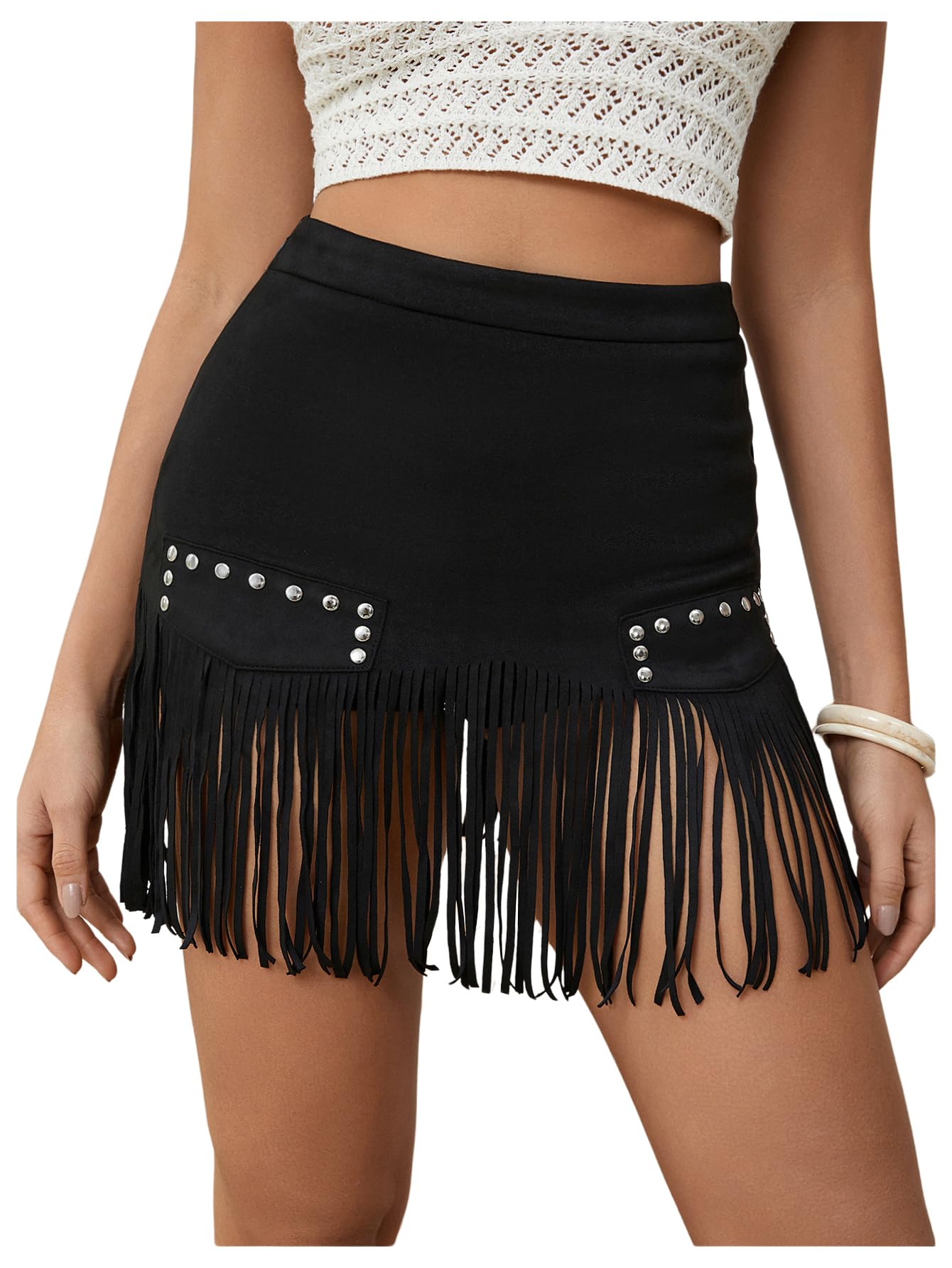 Photo 1 of MakeMeChic Women's Faux Suede Fringe Hem Mini Skirt Studded Tassell Bodycon Short Skirts Black Medium