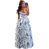 Wchecalino Strapless Tiered Floral Print Prom Dresses Long 2026 Corset Ruffle Formal Evening Gown with Slit