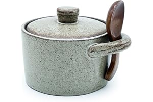 EWEIGEER Ceramic Salt Cellar With Lid & Spoon,8oz Salt Container For Countertop,Sugar Bowl,Spice Jar(Coarse Pottery Color)