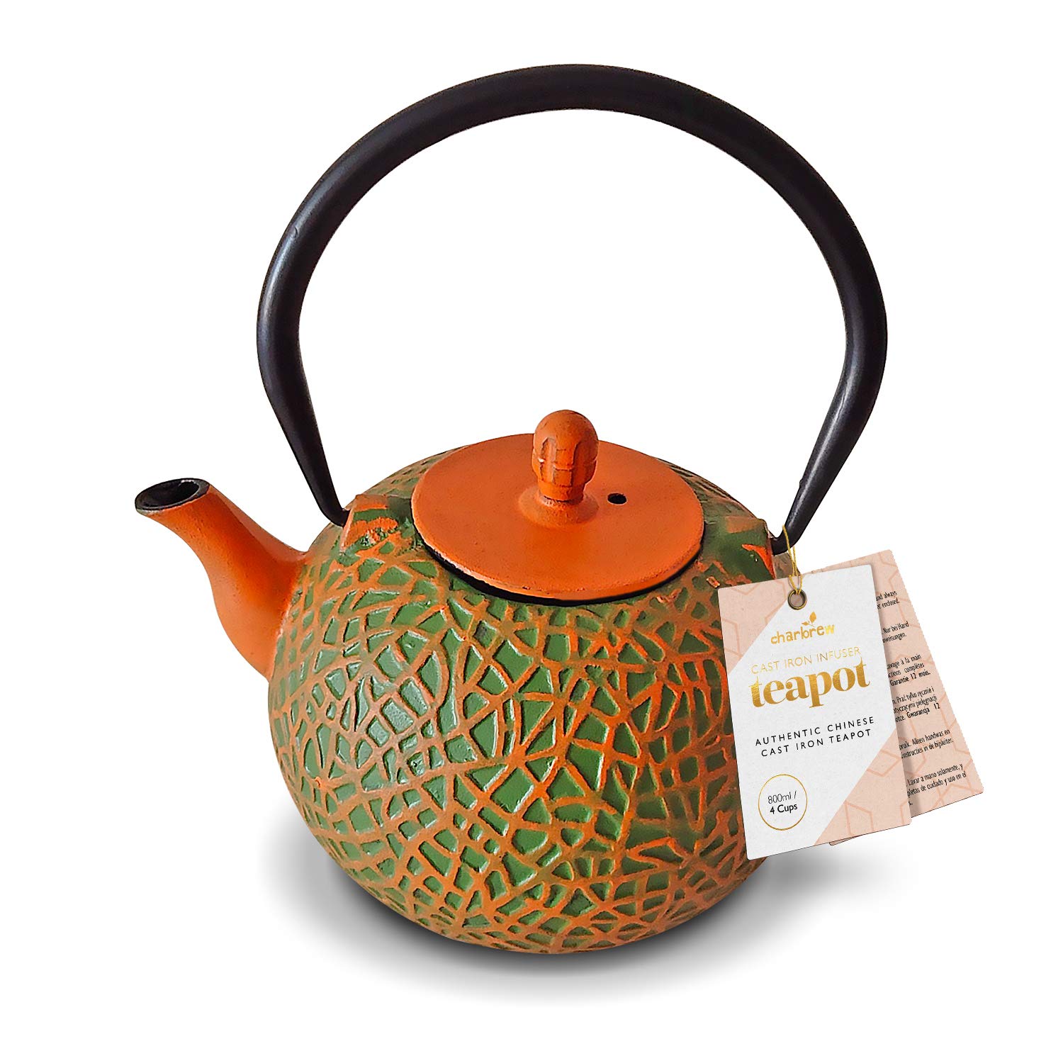 Charbrew Olive & Orange Chinese Cast Iron Teapot with Stainless Steel Tea Infuser (800ml/4 Cups)
