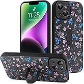 LEOMAKRON for iPhone 14 Case with Finger Strap Kickstand,Cute Pink Flower Heart Bowknot Pattern for Women Girls,Full Camera Protection Aesthetic Shockproof TPU Design,Black