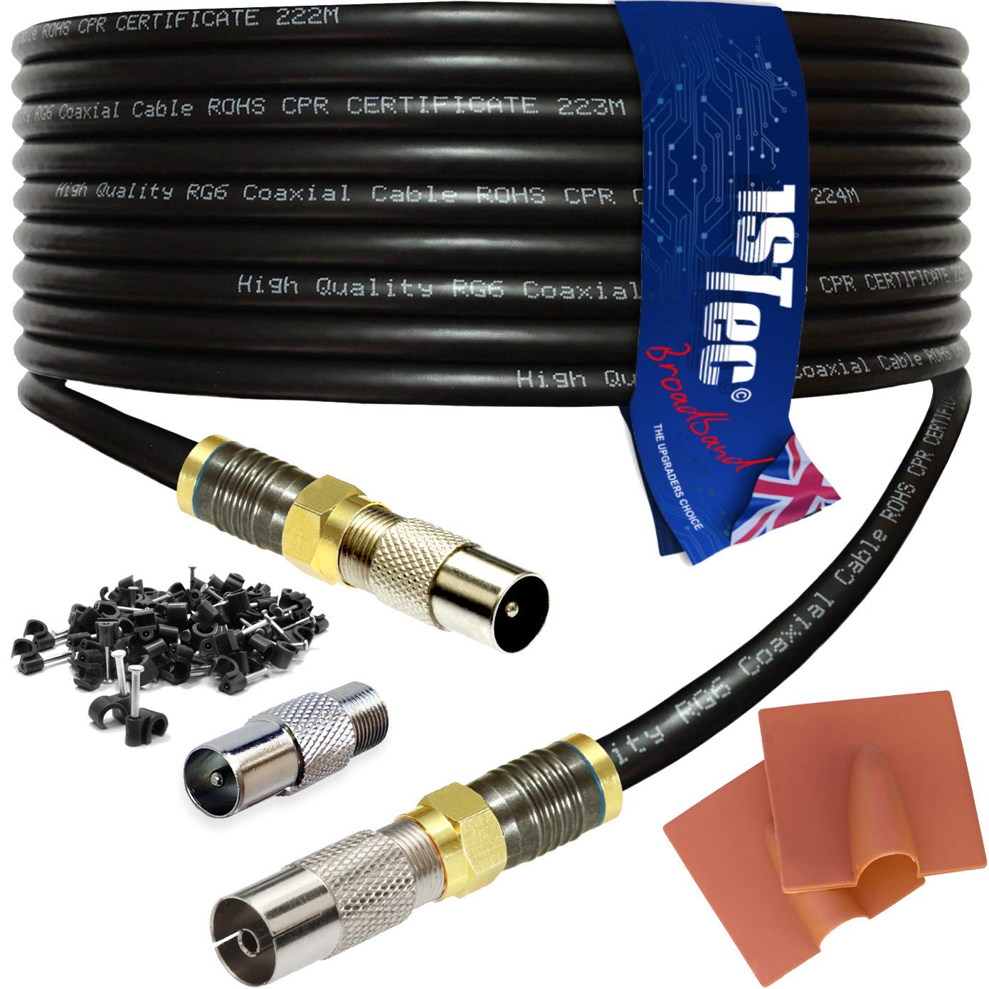 1STec 15m Shielded Digital TV Male to M/Female Gold Plated F-Connector Cable for FreeView HD Freesat BT YouView Satellite Dish or Rooftop Aerial to Wall Box Plug or Socket Lead (15 Metre, Black)