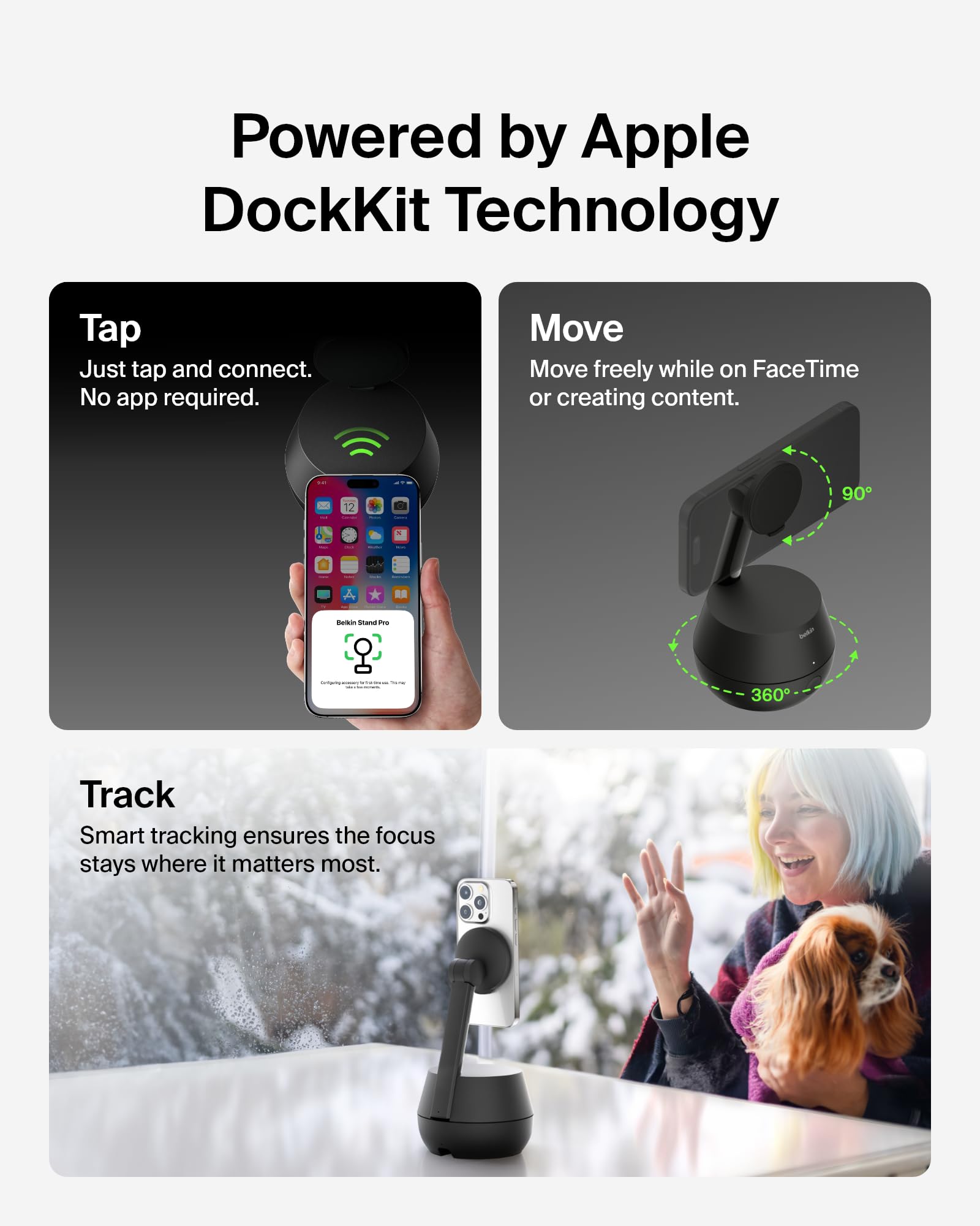 Belkin Wireless Charger Stand, Auto Face Tracking, Apple DockKit Certified, Tripod & MagSafe Compatible, No App Required, 360° Rotation, Influencer Content, Works w/FaceTime, TikTok, YouTube, etc.