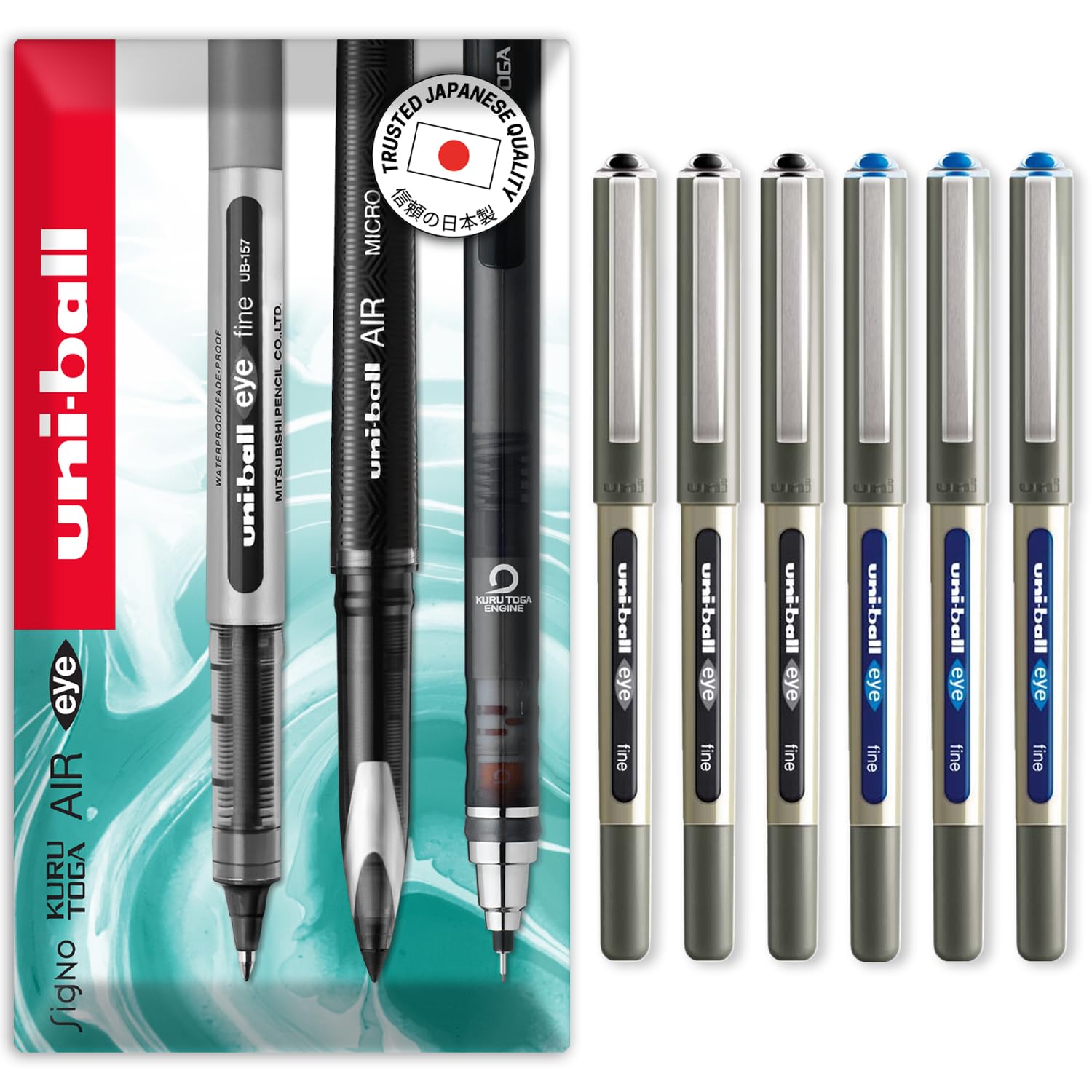 uni-ball EYE - UB-157E Rollerball Pens - 0.7mm Nib - In Envelope Gift Packaging (Pack of 6, Black and Blue)