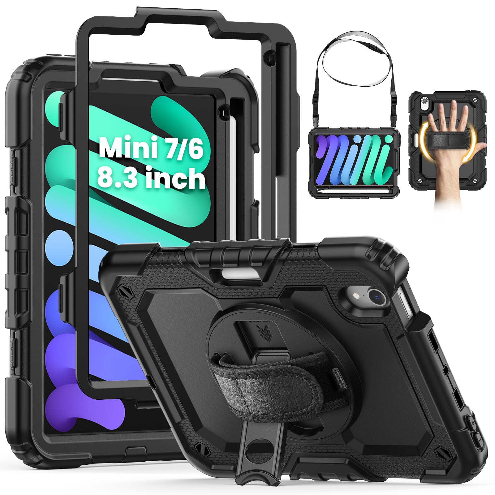 SEYMCY Case for iPad mini (A17 Pro)/ iPad mini 7/6 Case 8.3 inch 2024/2021, Full-body Shockproof with Screen Protector, 360° Rotating Hand Strap & Stand, Shoulder Strap, Pencil Holder, Black