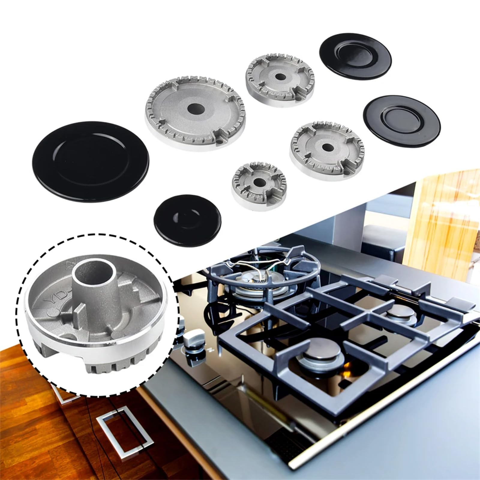 Photo 1 of 8 PCS Gas Stove Burner Caps Set, Universal Replacement for Most Gas Stoves 1 Large, 1 Small, 2 Middle Sizes Durable Flame Crown Covers for Oven Hobs