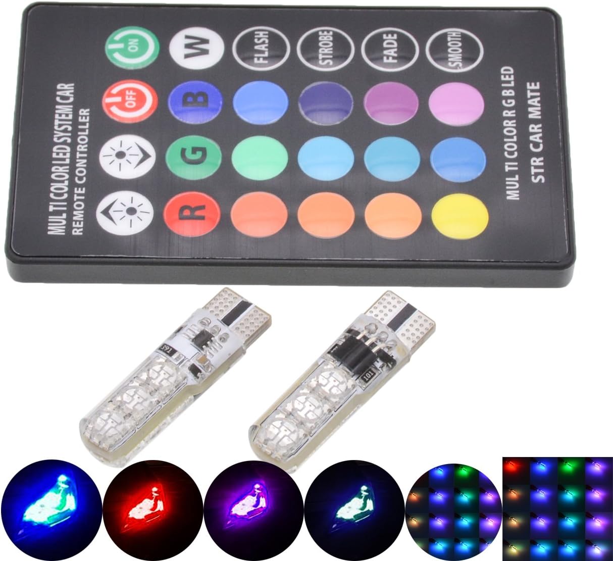 TUINCYN T10 W5W 194 LED Bulb 6 SMD 5050 RGB Chips Car Remote Control Wireless LED Bulbs Color-Changing Car Interior Dome Lights Exterior Side Markers Plate License Lights(1 Set)