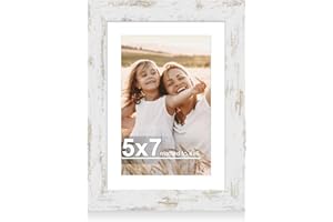 Hongkee 5x7 Picture Frame with Glass, Display Pictures 4x6 with Mat or 5 x 7 without Mat - Wall and Tabletop, 5 by 7 Photo Wooden Frames (Distressed White, 1 Pack)