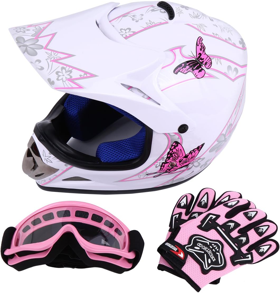 Sange DOT Youth Kids Offroad Helmet Motocross Helmet Dirt Bike ATV Motorcycle Helmet Gloves Goggles (White, Medium)