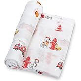 LollyBanks Muslin Swaddle Blanket, 100% Muslin Cotton Swaddle Blankets for Baby Boys, 47 X 47 Inches Soft and Cozy Blankets for Newborn Baby, Newborn Essential, Registry (Fireman Dog Print)