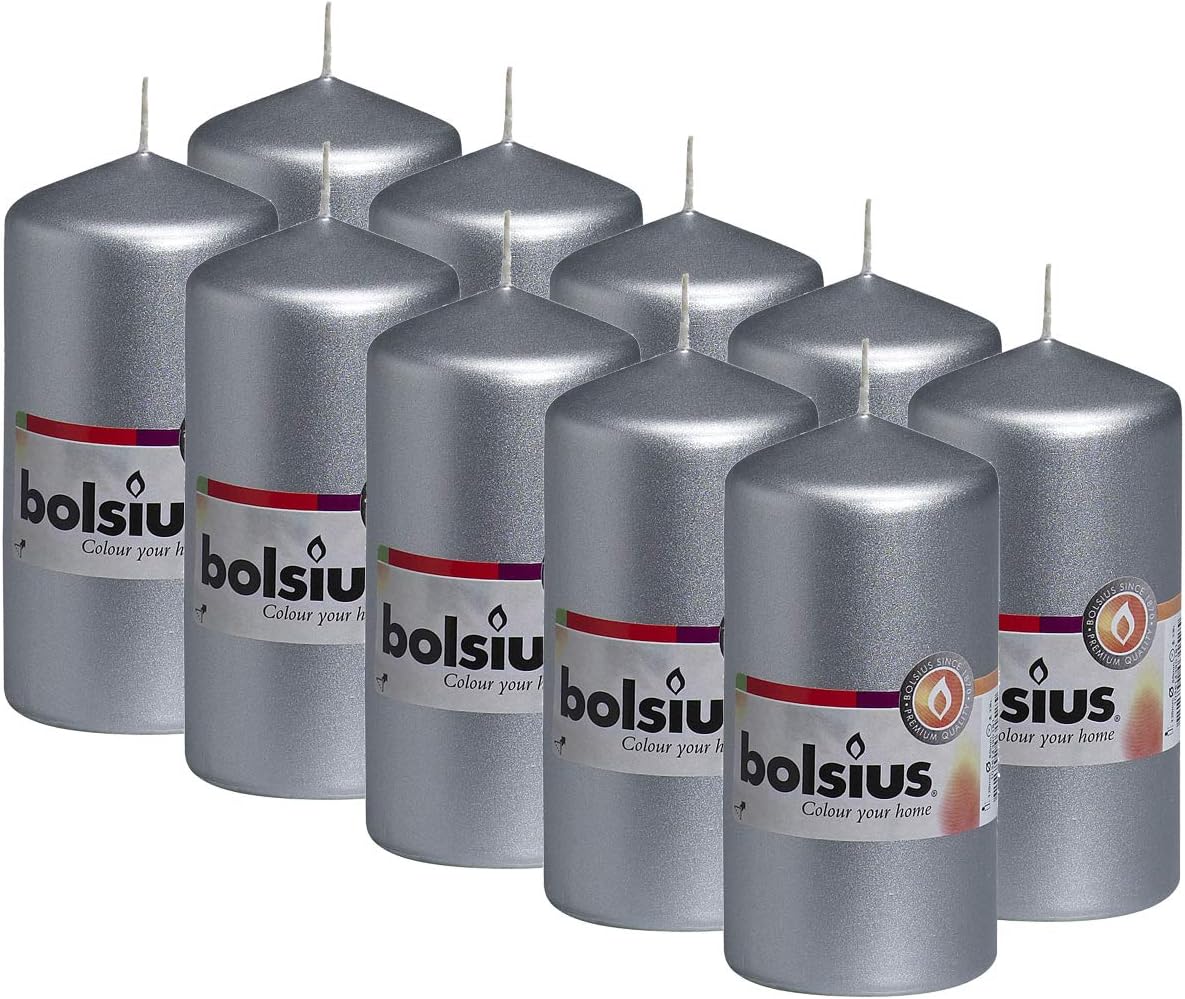 BOLSIUS 10 Silver Pillar Candles Metallic - 2.25 x 4.75 Inches - Premium European Quality - Individually Wrapped - 33 Burning Hours - Dripless Smokeless Unscented Wedding, Party, & Home Decor Candles