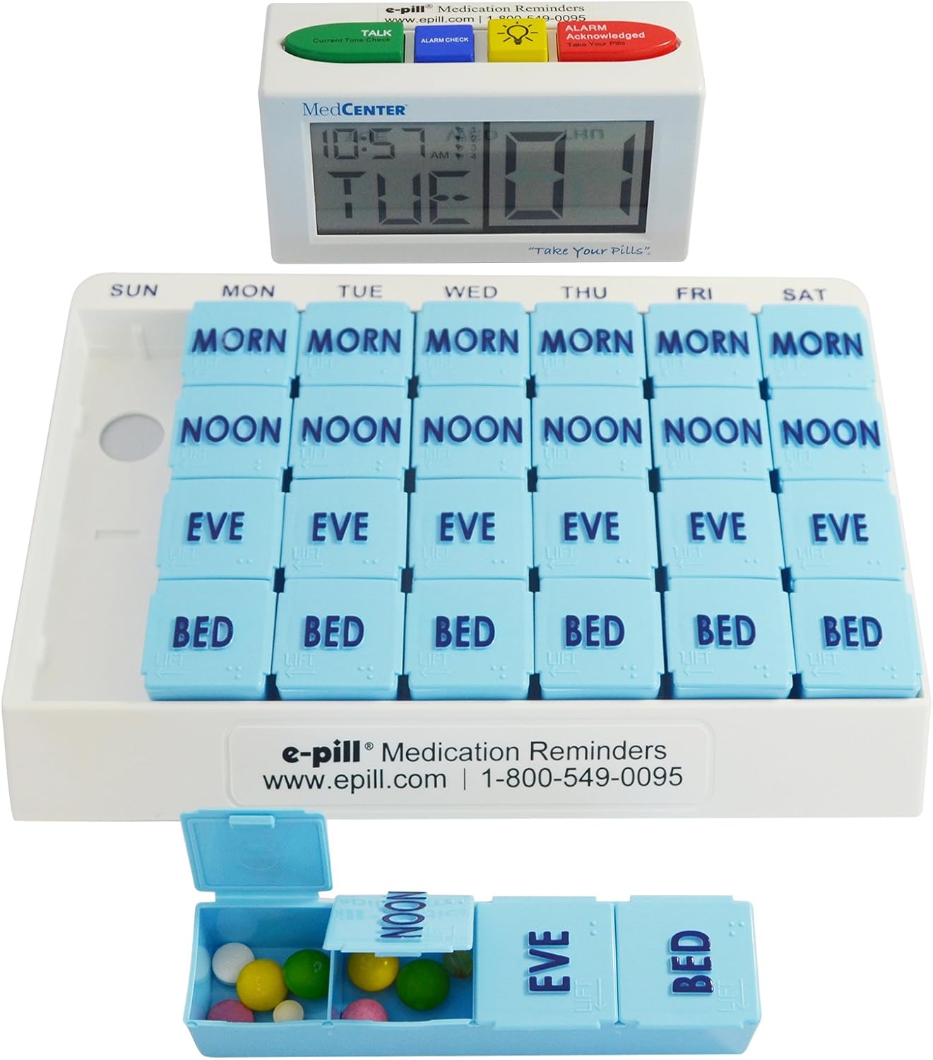 e-Pill 4 Alarm MedCenter Talk with 7 Day x 4 Compartments per Day Weekly Pill Organizer - Large: Health & Personal Care