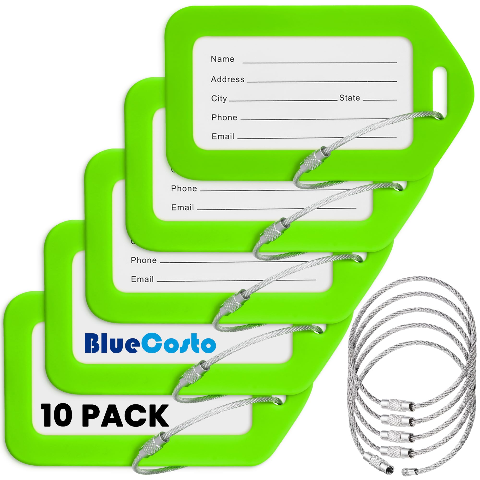 BlueCosto Luggage Tags (Small, Green, 10 PK) - Suitcase Tags w/Name ID Card & Heavy-Duty Metal Wire Loops - Bright Coloured PVC Tags for Travel Baggage - Backpack Name Labels
