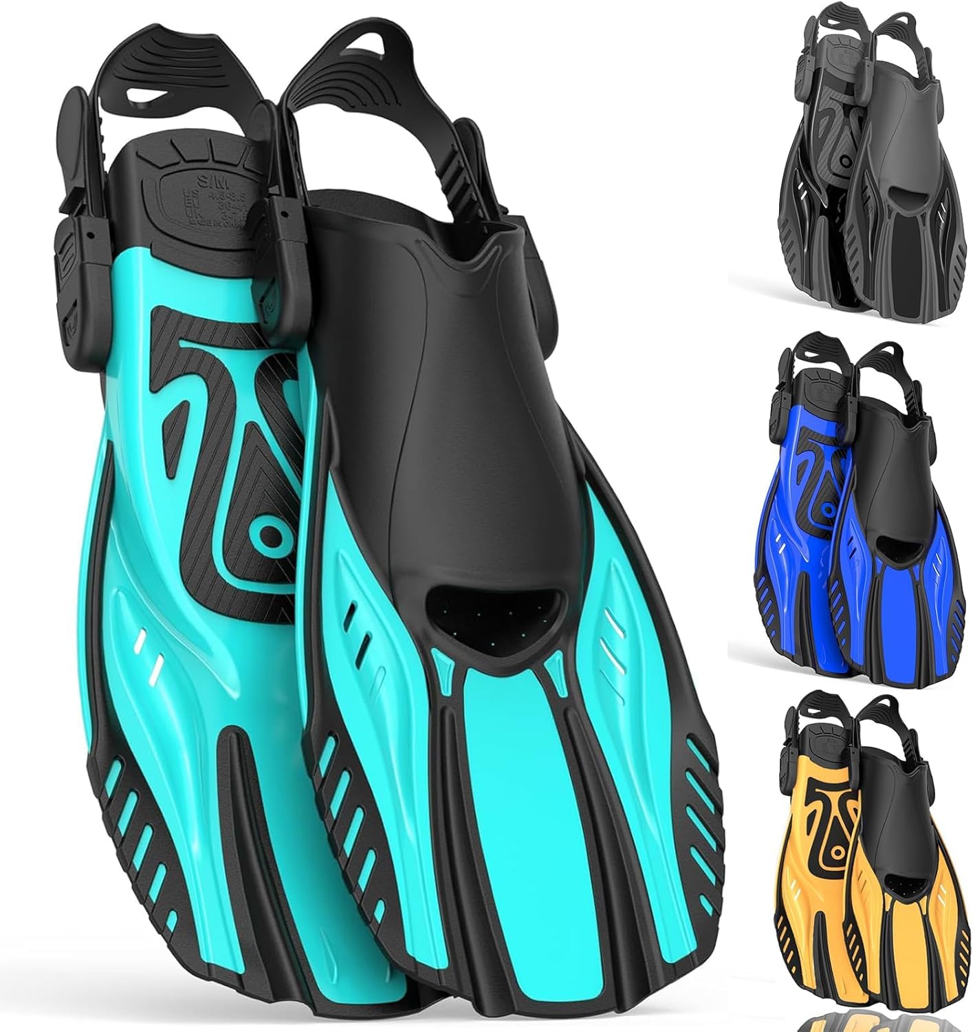 Photo 1 of Snorkel Fins Diving Fins Adjustable Buckles Open Heel Swim Flippers Travel Size Short Swim Fins for Snorkeling Diving Swimming Adult Men Womens