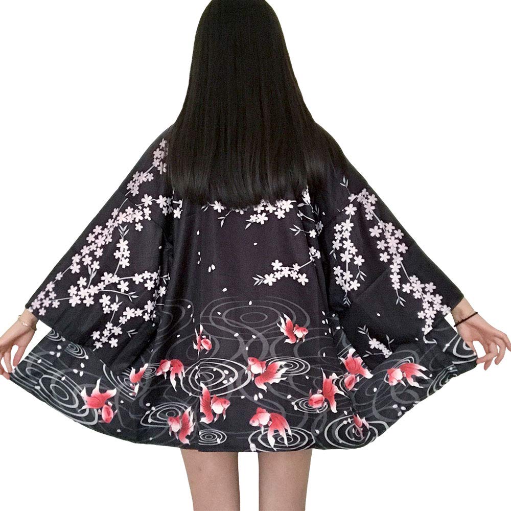 G-LIKE Japanese Kimonos Women's Clothing - Traditional Haori Costume Robe Tokyo Harajuku Dragon Pattern Antique Jacket Nightdress Bathrobe Sleepwear, Goldfish, Einheitsgröße Große Größen