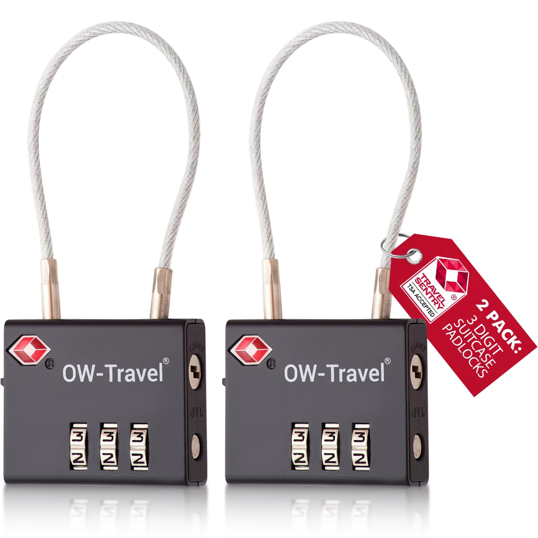 OW-Travel TSA Approved Luggage Locks Suitcase Locks (2 Pack Black) 3 Digit Flexible Cable Suitcase Padlock. Travel Bag Combination Luggage Padlocks for Suitcases. TSA Travel Lock for Bags and Cases