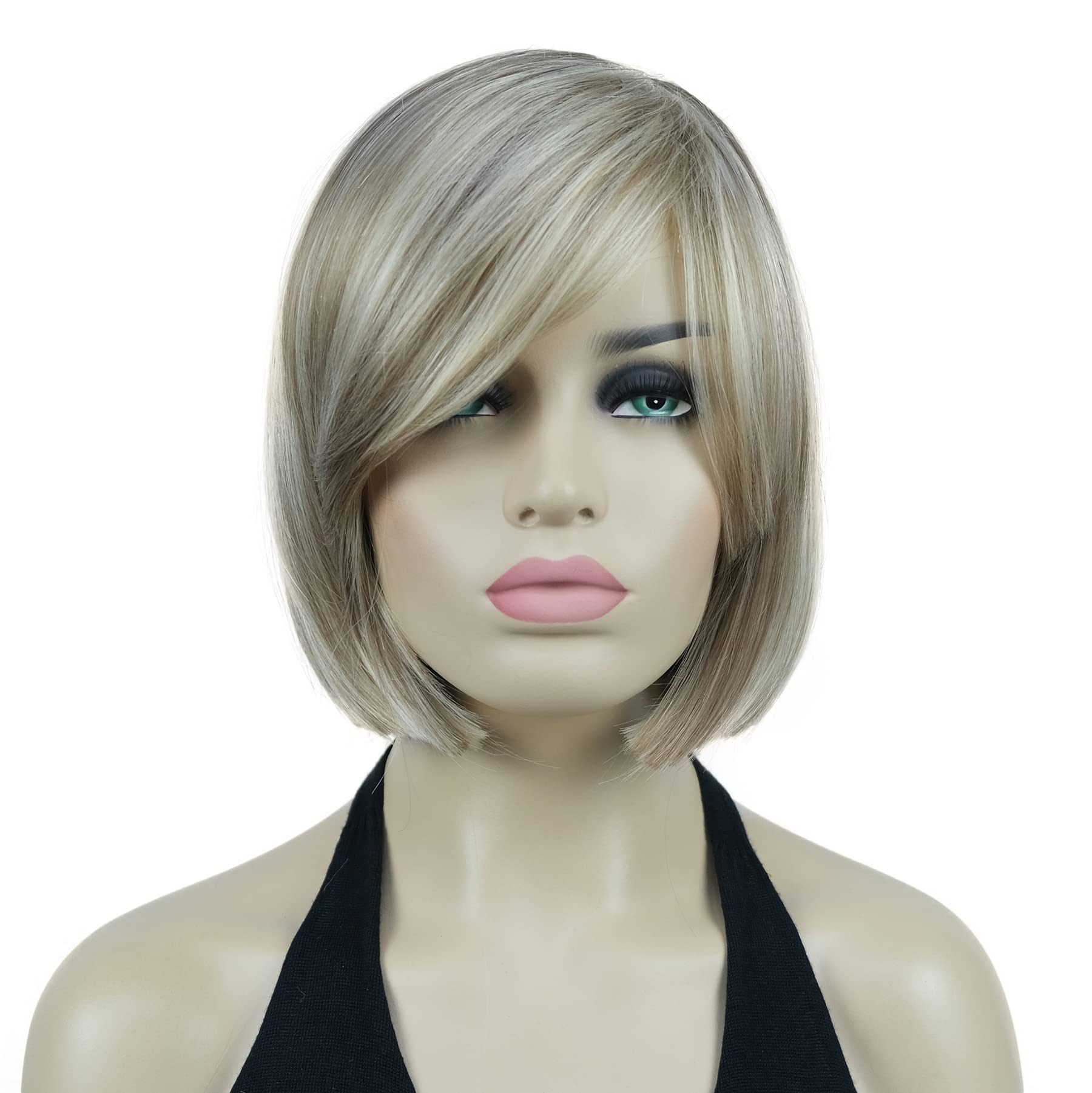 Lydell 8" Straight Short Wigs Bob Hair with Bangs Cute Central Dot Top Heat Resistant Synthetic Wigs (H16/613 Brown with Highlights)