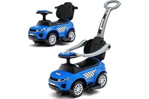 OLAKIDS 4 in 1 Ride on Push Car, Toddlers Stroller Sliding Walking Toy with Horn, Music, Lights, Removable Guardrails and Handle, Underneath Storage, Baby Foot-to-Floor Walker for Boys Girls (Navy)