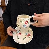 Koythin Ceramic Coffee Mugs Set with Saucer, 250ml / 8oz Cute Floral Coffee Mug Irregular Latte Art Cup, Coquette Cups for Cappuccino, Cocoa (Colorful Flowers)
